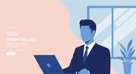 a man in a suit sitting at a desk, focused on a laptop, with a window and potted plant in the background. Suitable for landing page, banner, marketing, web design, presentation, infographic, etc.