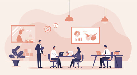 A team of four business professionals collaborates on a project in a modern, minimalist office setting, showcasing laptops, charts, and a presentation, symbolizing teamwork and success.