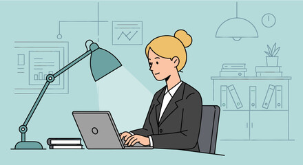 A professional businesswoman is diligently working on her laptop at a modern office desk, illustrating concepts of digital productivity and online corporate tasks.