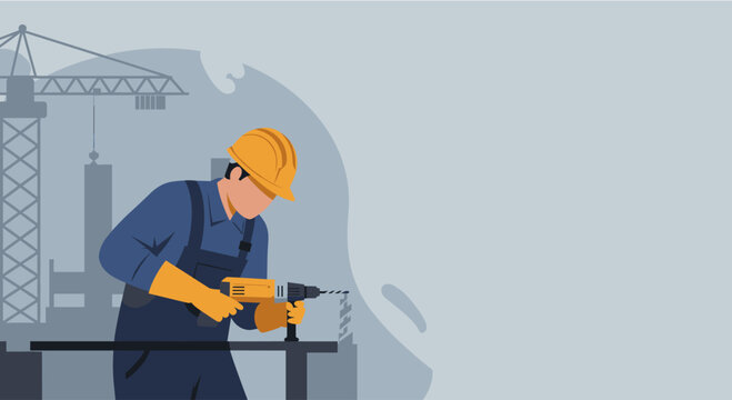 Skilled construction worker in hard hat and safety gloves uses a drill on a metal beam at a building site with cranes.