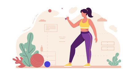 A vibrant flat design illustration shows a woman exercising with a dumbbell, suitable for a fitness landing page or a health and wellness presentation.