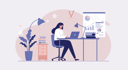 A professional woman works diligently on her laptop at a modern desk, surrounded by business infographics and plants, depicted in a clean flat design illustration.