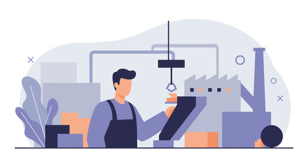 A factory worker is operating a machine in a modern industrial plant, creating a compelling image for use in a landing page banner or marketing presentation.