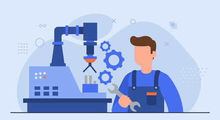 A skilled mechanic with a wrench works on a modern industrial machine, symbolizing manufacturing and technological advancement.