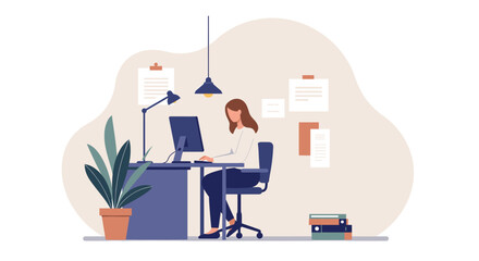 A woman works diligently at her computer in a modern home office, surrounded by plants and documents, symbolizing productivity and remote work.