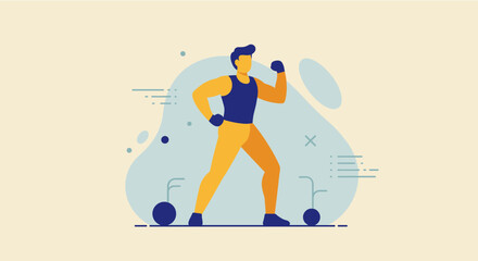 A strong man in sportswear shadow boxing, preparing for a fitness workout, illustrated in a modern minimalist style against a light background.