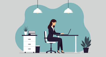 A professional businesswoman in a flat design illustration works diligently on her laptop at an office desk, representing modern productivity.