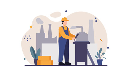 Skilled factory worker in hard hat and overalls operates machinery in a modern industrial plant setting with clean design elements.