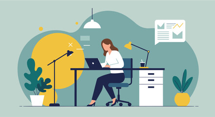 A young woman sits at her desk in a modern office, focused on her laptop, surrounded by plants and soft lighting, working diligently on a project.