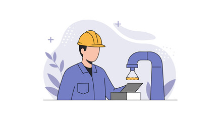 An illustration showing a factory worker in a yellow helmet operating a machine in a modern, flat design style, suitable for a website landing page or presentation.