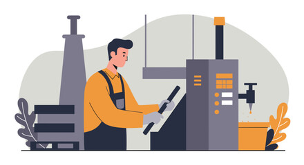a man operating a machine with various buttons and dials, surrounded by industrial equipment and plants. Suitable for landing page, banner, marketing, web design, presentation, infographic, etc.