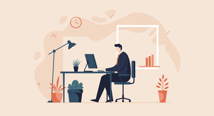 A focused businessman works diligently on his computer at a modern office desk, surrounded by plants and office decor, symbolizing productivity and success.