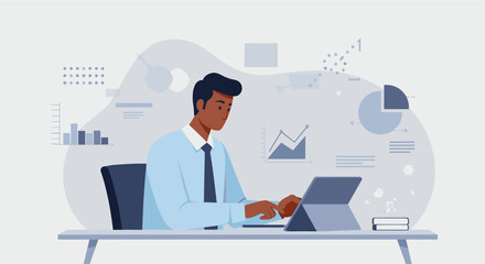 a man in a light blue shirt and tie working on a laptop at a desk, surrounded by various charts and graphs. Suitable for landing page, banner, marketing, web design, presentation, infographic, etc.