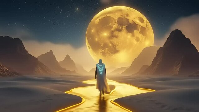 Lone Figure with Desert Path, and Giant Moon.