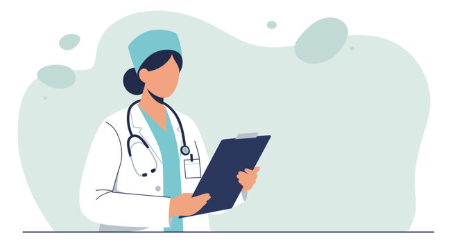 A professional female doctor in a white coat and scrub cap holds a clipboard, depicted in a modern flat illustration style against an abstract background.
