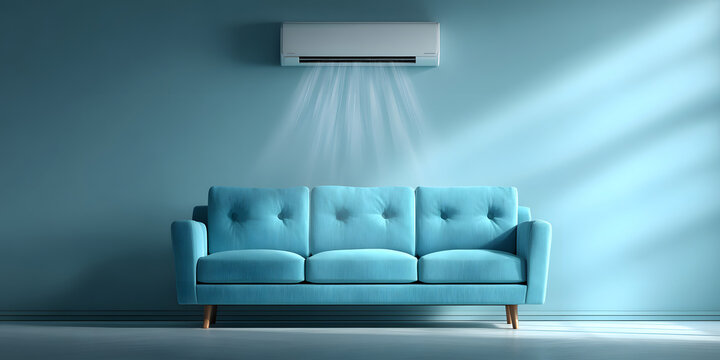 Modern blue sofa beneath air conditioner with cool airflow lines on blue wall background