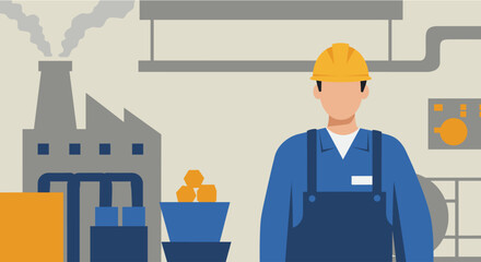 A factory worker in uniform and hard hat stands in front of an industrial plant, symbolizing manufacturing, production, and labor.