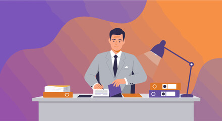 A professional businessman in a suit diligently works at his office desk, surrounded by files and a lamp, against a vibrant abstract background.