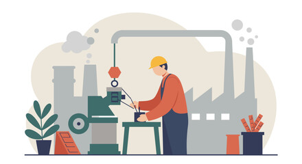 a worker operating a machine in a factory setting, with industrial smokestacks and a plant in the background. Suitable for landing page, banner, marketing, web design, presentation, infographic, etc.
