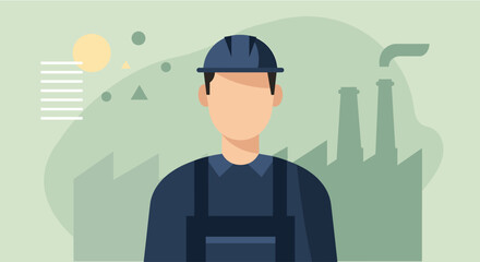 A factory worker in a hard hat stands in front of industrial buildings, representing manufacturing and labor in the industry sector.