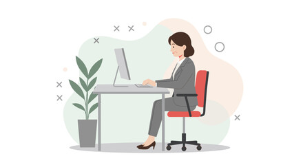 A professional businesswoman diligently works at her computer desk, embodying productivity and focus in a modern office environment.