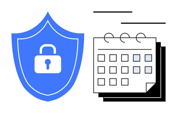 Blue shield with padlock symbol next to a calendar with highlighted dates suggests data protection, systematic planning, and compliance scheduling. Ideal for cybersecurity, project management, time