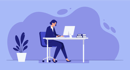 A vector illustration depicts a businesswoman working at her desk with a computer, books, and a plant, set against a soft purple background.