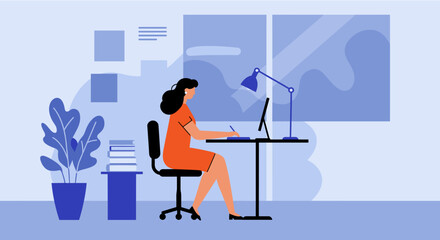 A professional woman works on her computer at a modern desk in a bright, minimalist home office, depicted in a clean, contemporary flat vector style.