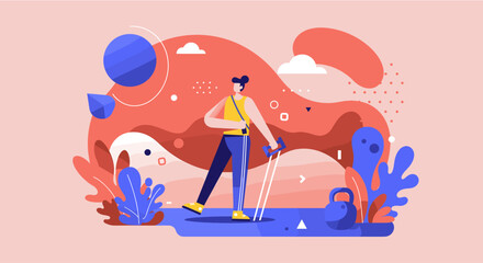 a person walking with crutches. Suitable for landing page, banner, marketing, web design, presentation, infographic, etc.