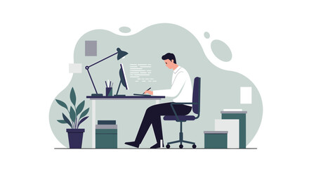 A focused man works diligently at his desk, illuminated by a desk lamp, surrounded by office supplies and plants, embodying modern work life.