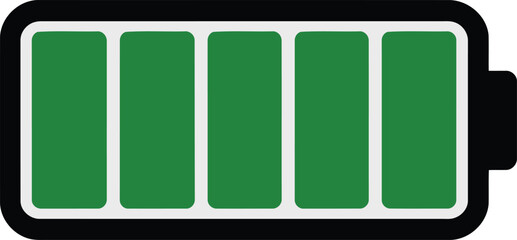 Fully charged green battery icon illustrates electronic power and represents energy capacity for device or equipment usage.