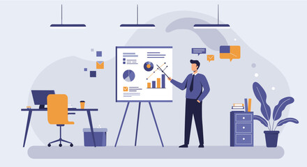 A businessman confidently presents a sales report with charts and graphs during a business meeting in a modern office setting, showcasing growth and success.