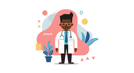 An illustrated depiction of a male doctor with dark skin, wearing a white coat and stethoscope, standing in a colorful, abstract healthcare-themed environment.