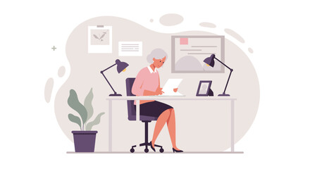 an elderly woman sitting at a desk, working on a document with a laptop and a framed photo in front of her. Suitable for landing page, banner, marketing, web design, presentation, infographic, etc.