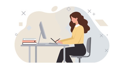 A woman is sitting at a desk, working on a computer with a stylus, surrounded by books and geometric shapes. Suitable for landing page, banner, marketing, web design, presentation, infographic, etc.