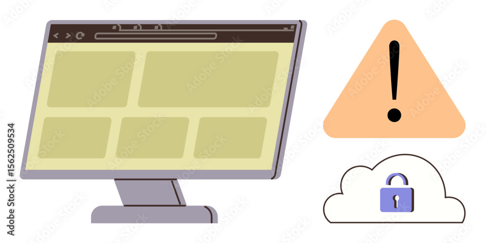 Poster computer monitor with web layout, triangular warning with exclamation mark, cloud with padlock. idea