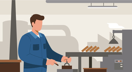 An industrious male worker in blue overalls meticulously operates industrial machinery, ensuring efficient production within a modern factory setting.