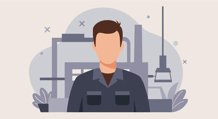 An illustrated factory worker stands confidently in front of an industrial building, representing manufacturing and technological advancements in the workplace environment.