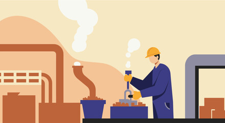 An industrial worker in a hard hat and blue overalls operates machinery in a factory, illustrating a manufacturing process.