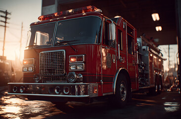 Close-up of red fire truck parked in fire station. Sunlight illuminates side of vehicle. Detailed shot of emergency services transport. Preparedness, rescue, and community safety concept.
