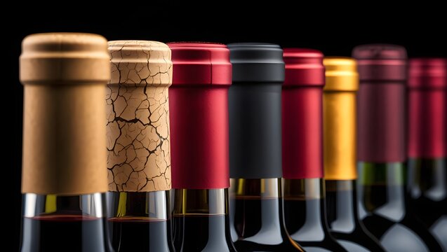 Close up of assorted wine bottles with different colored caps on a black background studio shot - Powered by Adobe