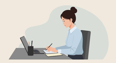 A young professional woman, with her hair in a bun, works diligently at her desk, using a laptop and taking notes in a light, airy office setting, creating a modern business concept.