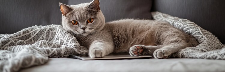 A laptop is being stared at by a gray Scottish Fold cat that is reclining on the sofa