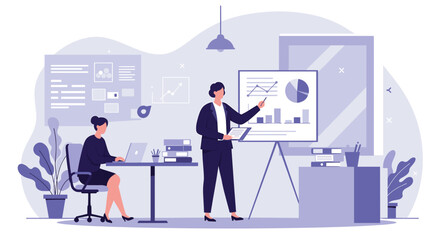 Modern business professionals collaborate in an office, with one presenting data on a screen while another works on a laptop, in a flat design illustration.