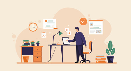 a man working at a desk in an office environment, surrounded by various office supplies and a plant. Suitable for landing page, banner, marketing, web design, presentation, infographic, etc.