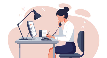 Modern flat design illustration of a businesswoman working at her desk, answering a phone call while reviewing documents for a marketing presentation or landing page.
