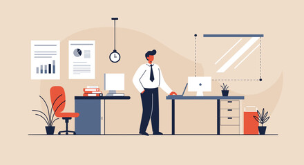 a man standing in an office environment, with a desk, computer, and office supplies in the foreground. Suitable for landing page, banner, marketing, web design, presentation, infographic, etc.