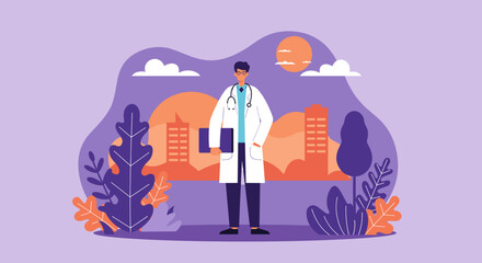 A healthcare professional stands confidently in a flat design illustration, holding a clipboard, with a city skyline and sunset in the background, perfect for medical presentations and web design.