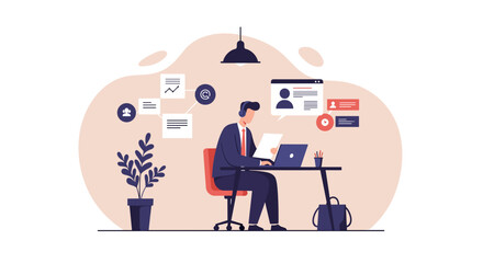 Modern flat design illustration of a businessman working on his laptop at his desk, surrounded by marketing and web design elements for landing page and presentation use.
