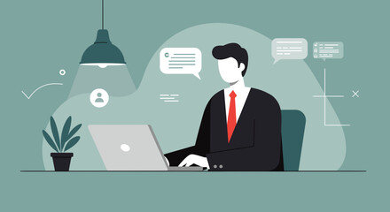 Flat design illustration of a businessman working on his laptop, suitable for landing page banners, marketing presentations, and web design projects, representing modern business and communication.